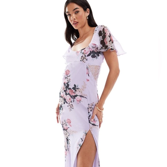 ASOS DESIGN Tall flutter.sleeve maxi dress with lace insert in blue burnout - Picture 4 of 12